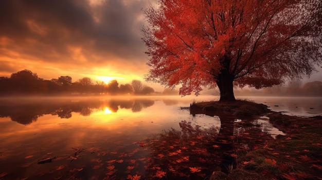 Arbre aux feuilles rouges au bord d’un lac brumeux, au coucher du soleil
